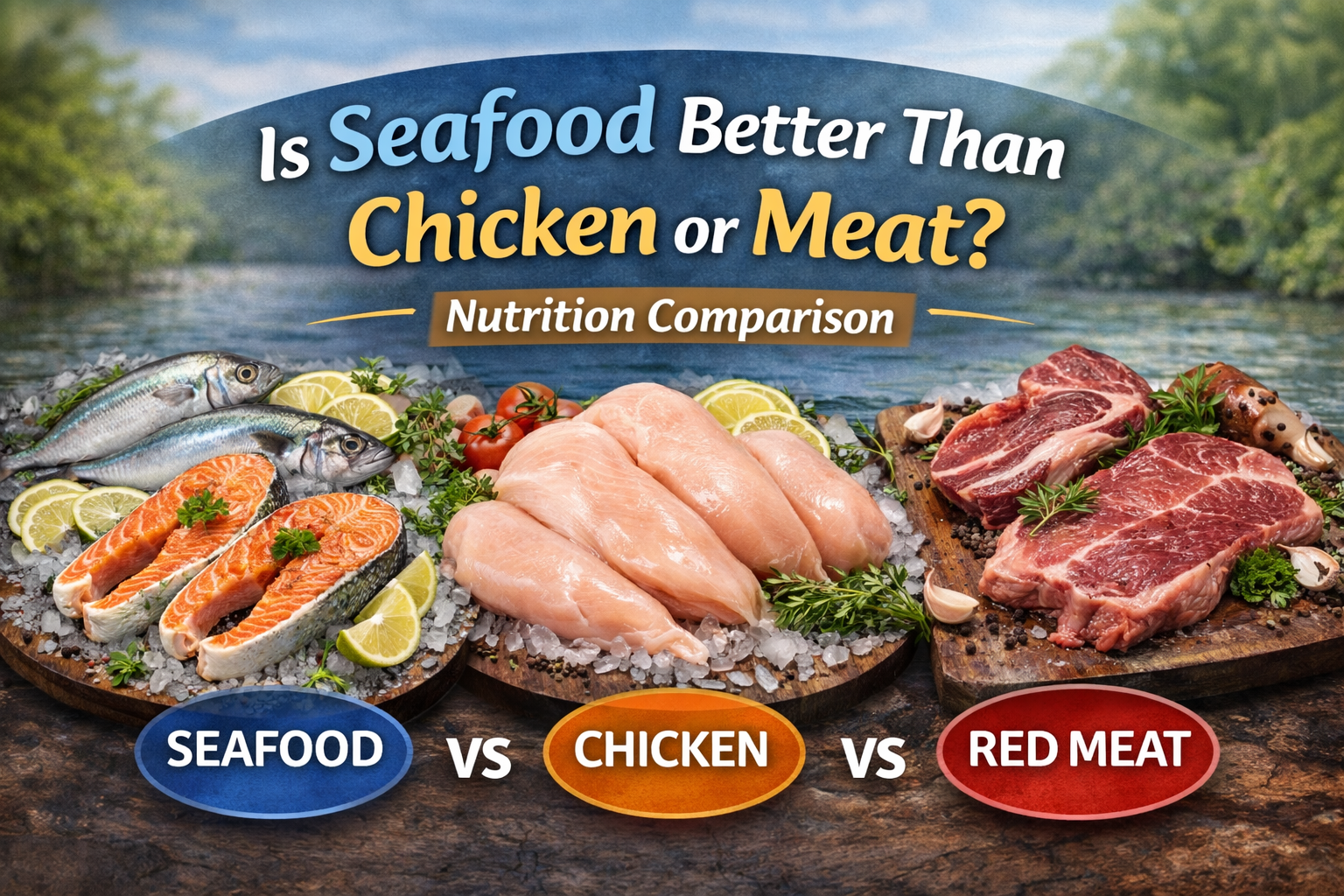 Nutrition comparison image showing seafood, chicken breast, and red meat steaks on wooden boards with lemon and herbs.