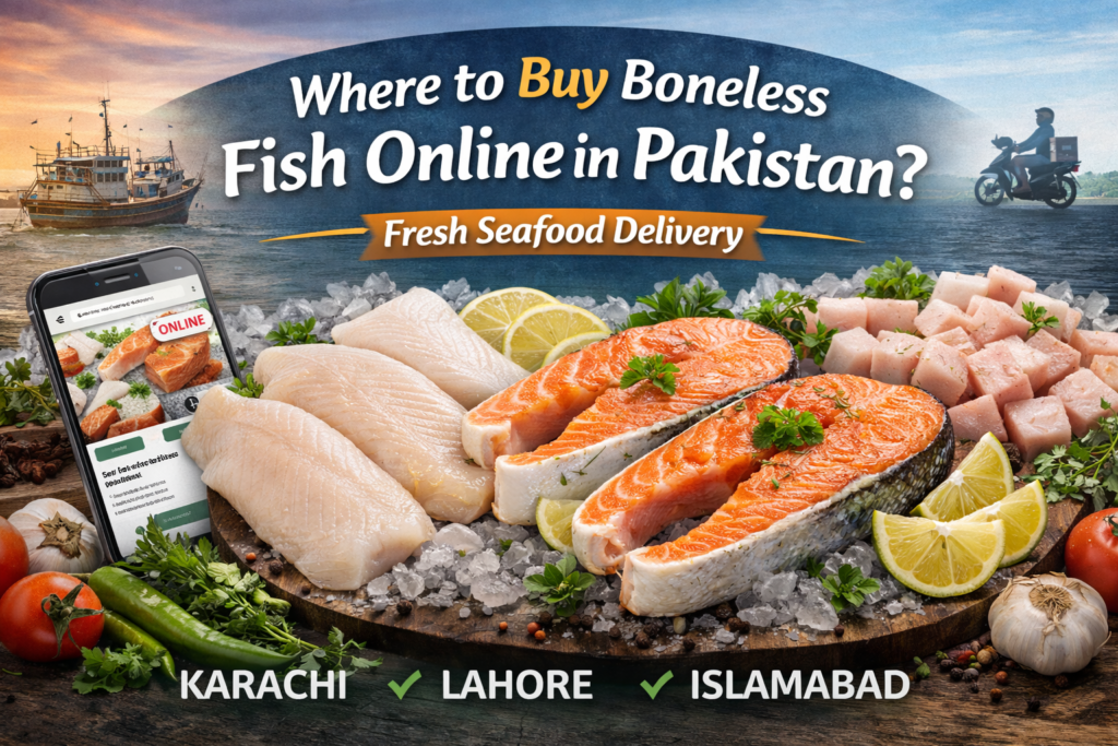 Blog banner showing boneless fish fillets and salmon steaks on ice with lemon and herbs, promoting online fish delivery in Pakistan including Karachi, Lahore, and Islamabad.
