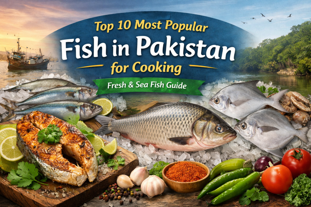 Top 10 most popular fish in Pakistan for cooking including Surmai, Rohu, Pomfret and Bangra displayed on ice with spices and fresh ingredients.