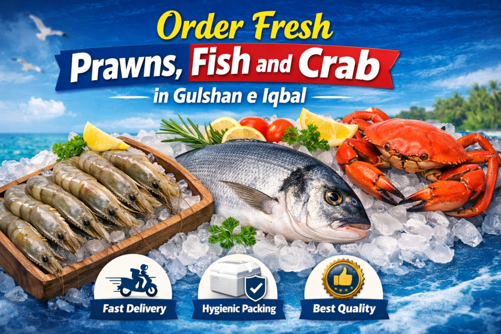 Fresh prawns, fish, and crab arranged on ice for premium seafood delivery in Gulshan-e-Iqbal with hygienic packaging.