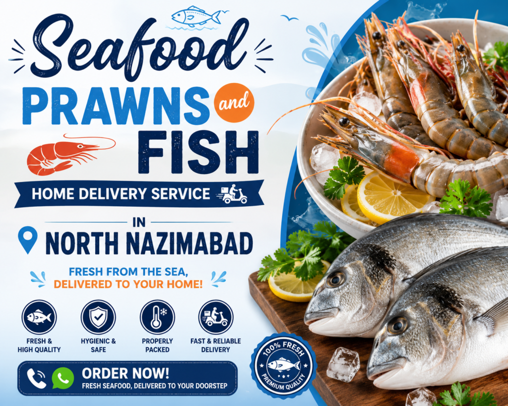 Colorful promotional flyer for fresh seafood prawns and fish home delivery service in North Nazimabad, featuring premium prawns, fresh fish on ice, fast delivery icons, and order now call-to-action design.